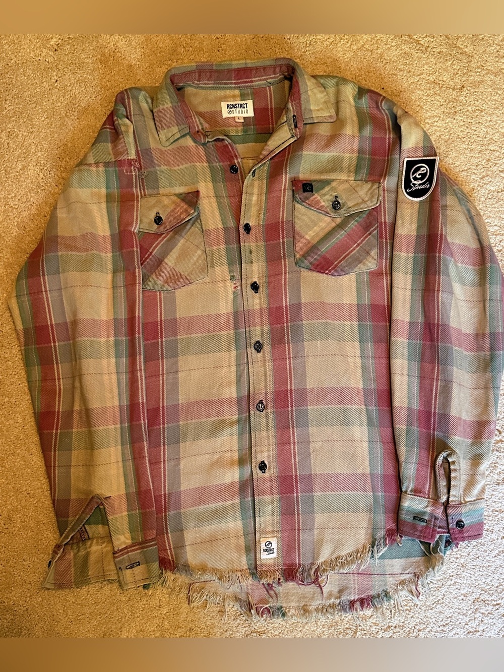 RCNSTRCT Studio Vintage Look Men’s Plaid Button-Up Shirt with Patches